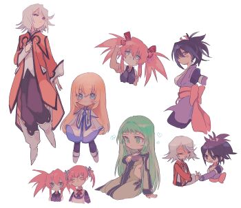 absurdres alicia_combatir alternate_hair_ornament ankle_boots apron back_bow black_dress black_hair black_leggings black_pants black_trim blonde_hair blue_eyes blue_ribbon blue_trim blunt_bangs boots bow brown_eyes chest_jewel chibi cleavage_cutout clothing_cutout coat colette_brunel detached_sleeves dress elbow_gloves false_smile fingerless_gloves from_side fujibayashi_sheena gloves gold_choker green_dress green_eyes green_hair grey_gloves hair_intakes hair_ornament high_ponytail highres interlocked_fingers jacket japanese_clothes kimono leggings light_blush long_hair looking_afar looking_at_viewer looking_up maid_apron martel_(tales) motoyui multiple_girls multiple_views nancykittyu nervous_smile orange_coat pants pink_bow pink_hair pink_ribbon pink_sash ponytail presea_combatir purple_kimono purple_sleeves raine_sage red_ribbon ribbon sash shirt sidelocks sleeve_cuffs sleeveless sleeveless_dress smile spiked_hair swept_bangs tales_of_(series) tales_of_symphonia twintails white_background white_boots white_dress white_hair white_jacket white_shirt