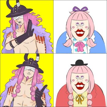 1boy 2girls bandages bandages_over_eyes black_gloves black_hat blunt_bangs blush_stickers braid braided_sidelock charlotte_chiffon commentary_request cyu_se drakeposting_(meme) eyelashes facial_hair fake_horns gloves goatee hair_ribbon hat helmet horned_helmet horns loki_(one_piece) lola_(one_piece) long_hair meme multiple_girls one_piece pink_hair red_lips ribbon siblings sisters twintails upper_body