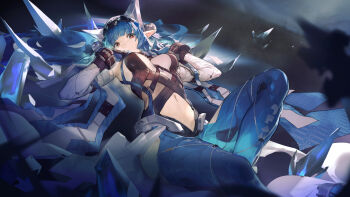 1girl arknights arknights:_endfield bad_link bare_shoulders bell blue_gloves blue_hair breasts closed_mouth commentary detached_sleeves english_commentary feet_out_of_frame gloves hair_bell hair_ornament highres kuno_(runkunochan) last_rite_(arknights) leotard long_hair long_sleeves looking_at_viewer lying medium_breasts navel on_back orange_eyes pointy_ears solo