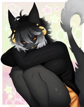 1girl animal_ears arms_on_knees artist_name black_hair black_sweater breasts commentary crossed_arms furry furry_female grey_fur grey_hair highres large_breasts legs_folded legs_together looking_at_viewer multicolored_hair orange_eyes orange_skirt original simple_background skirt smile solo sweater tail thick_thighs thighs two-tone_fur two-tone_hair valleedolla