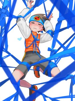 1boy black_shorts blue_headband brown_eyes brown_hair full_body headband heart highres kuze_makoto lan_hikari_(mega_man) mega_man_(series) mega_man_battle_network_(series) orange_vest restrained shirt short_hair shorts simple_background solo vest white_background white_shirt