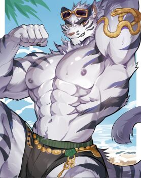 1boy abs animal_ears ao_(chung0u0) arm_up armpits bara bare_pectorals beach black_male_swimwear animal_nose commentary dislyte english_commentary eyewear_on_head flexing furry furry_male grin highres jin_qiu_(ru_shou)_(dislyte) jin_qiu_(ru_shou)_(wild_python)_(dislyte) looking_at_viewer male_focus male_swimwear muscular muscular_male navel nipples ocean palm_tree pectoral_cleavage pectorals presenting_armpit sand scar scar_across_eye scar_on_face smile sunglasses tail tiger tiger_boy tiger_ears tiger_stripes tiger_tail topless_male tree white_fur white_tiger yellow_eyes