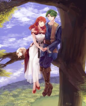 1boy 1girl alm_(fire_emblem) alm_(valentine)_(fire_emblem) belt blue_pants blue_robe boots brown_boots cat celica_(fire_emblem) celica_(valentine)_(fire_emblem) cones_(c0_nes) couple dress earrings fire_emblem fire_emblem_echoes:_shadows_of_valentia green_eyes green_hair happy_valentine hetero highres holding_hands in_tree jewelry long_dress long_hair nintendo pants prince princess red_eyes red_hair red_shoes robe shoes short_hair sitting sitting_in_tree smile tree valentine white_dress