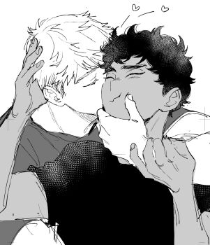 2boys closed_eyes closed_mouth commentary_request crew_neck dark-skinned_male dark_skin dungeon_meshi greyscale hand_on_another&#039;s_face hand_on_another&#039;s_head heart highres interracial kabru kiss kissing_cheek laios_touden male_focus monochrome multiple_boys omugi_(o_jt6a) shirt short_sleeves simple_background sketch t-shirt upper_body white_background yaoi