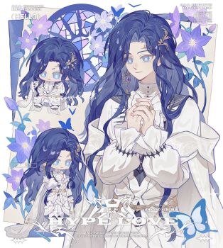 1boy absurdres bellflower black_vest blue_butterfly blue_eyes blue_hair boots border bright_pupils bug butterfly cape center_frills chibi chibi_inset chinese_bellflower chinese_commentary clarence_clayden closed_mouth commentary_request commission cowboy_shot curtained_hair earrings flower frilled_sleeves frills full_body gem hair_ornament hairclip hand_on_own_chest highres insect jacket jewelry long_hair long_sleeves looking_at_viewer lovebrush_chronicles lvchuanxun male_focus mole mole_under_eye multiple_views off_shoulder outside_border own_hands_clasped own_hands_together pants pants_tucked_in parted_bangs puffy_long_sleeves puffy_sleeves purple_flower purple_gem ring round_window shirt single_earring sleeves_past_wrists smile stained_glass standing turtleneck turtleneck_shirt vest watermark wavy_hair white_background white_boots white_border white_cape white_jacket white_pants white_pupils window