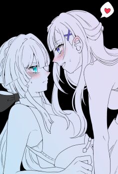 2girls bare_arms black_background blue_eyes blush cerydra_(honkai:_star_rail) closed_mouth collared_shirt commentary_request heart highres honkai:_star_rail honkai_(series) hysilens_(honkai:_star_rail) kosame_0229 long_hair looking_at_another multiple_girls open_mouth purple_eyes shirt simple_background smile spoken_heart sweat yuri