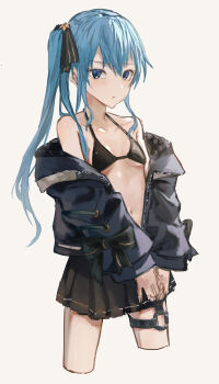 Rule 34 | 1girl, absurdres, bare shoulders, bikini, black bikini, black skirt, blue eyes, blue hair, cokei, collarbone, commentary, hair between eyes, highres, hololive, hoshimachi suisei, jacket, legband, long hair, side ponytail, simple background, skirt, swimsuit, virtual youtuber