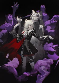 1girl absurdres arknights black_jacket cowboy_shot grey_eyes grey_hair grin highres jacket jiuxiaoshi lappland_(arknights) long_hair looking_at_viewer messy smile solo teeth