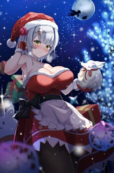 1girl absurdres apron black_bow black_pantyhose black_ribbon blush bow braid breasts christmas christmas_lights crown_braid dress embarrassed flower genshin_impact gift gloves green_eyes grey_hair hand_on_own_ear hat highres intertwined_fate looking_at_viewer maid_apron mattsi_hbkk medium_breasts moon night noelle_(genshin_impact) pantyhose primogem red_flower red_gloves red_rose ribbon rose santa_costume santa_dress santa_hat short_hair sky smile snowflake_print star_(sky) starry_sky strapless