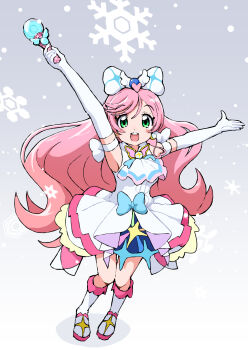 1girl :d arm_bow arms_up ascot blue_ascot blue_bow boots bow brooch cure_prism dress dress_bow earrings elbow_gloves full_body gloves green_eyes grey_background hair_bow hair_ornament heart heart_hair_ornament highres hirogaru_sky!_precure jewelry knee_boots long_hair looking_at_viewer magical_girl multicolored_ascot nijigaoka_mashiro open_mouth pink_ascot pink_hair precure sky_mirage sleeveless sleeveless_dress smile solo standing teeth upper_teeth_only very_long_hair white_ascot white_boots white_bow white_dress white_gloves wing_hair_ornament yakizakana_(yakizakana10967)