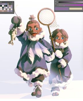 1boy 1girl aged_down animal avatar:_the_last_airbender avatar_legends blue_eyes brother_and_sister brown_hair dark-skinned_female dark-skinned_male dark_skin fish fishing_net gymnopedies2 highres holding holding_animal holding_fish hood hood_down katara looking_at_viewer parka ponytail short_hair siblings smile snow sokka topknot white_fur