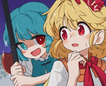 2girls :d aqua_eyes aqua_hair aqua_vest blonde_hair blush commentary_request heterochromia holding holding_umbrella multiple_girls neck_ribbon niwatari_kutaka notice_lines open_mouth outdoors purple_umbrella rain red_eyes red_ribbon ribbon shirt short_hair smile tatara_kogasa touhou uisu_(noguchipint) umbrella upper_body vest white_shirt
