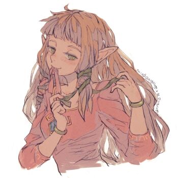 1girl aogoma blonde_hair blunt_bangs blush breasts commentary cropped_torso dress gold_trim green_ribbon hair_ribbon half-closed_eyes highres long_hair medium_breasts mouth_hold nintendo pink_dress pink_ribbon pointy_ears princess_zelda ribbon ribbon_in_mouth sidelocks smile solo symbol-only_commentary the_legend_of_zelda the_legend_of_zelda:_skyward_sword twintails upper_body white_background