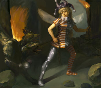 1girl american_flag amibazh blonde_hair cerberus clownpiece dress fairy fairy_wings faux_traditional_media fine_art_parody fire frilled_shirt_collar frills hat hell jester_cap leggings lips long_hair neck_ruff pants pantyhose parody pink_eyes polka_dot rock smile solo texture torch touhou very_long_hair wings