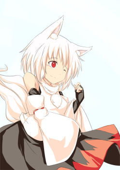 Rule 34 | 1girl, animal ears, bare shoulders, blush, breasts, detached sleeves, female focus, fingerless gloves, gloves, inubashiri momiji, kokutei n, looking at viewer, one eye closed, pom pom (clothes), red eyes, short hair, silver hair, small breasts, solo, tail, touhou, wink, wolf ears, wolf tail