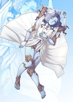 1girl barefoot blue_background blue_eyes blue_hair blue_skin chuckuddin closed_mouth colored_skin commentary cracked_skin doll elden_ring extra_arms extra_faces highres long_hair one_eye_closed ranni_the_witch robe solo wavy_hair white_robe zoom_layer