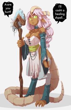 1girl bankage bare_shoulders breasts claws cleavage dark-skinned_female dark_skin detached_collar detached_sleeves digitigrade dragon_girl endless_library english_text fantasy female_focus full_body green_eyes highres horns large_breasts leg_warmers lisp lizhp lizhp_libellus_aetern-ritter lizhp_libellus_aetern_ritter magician multi-tied_hair no_panties original pink_hair pointy_ears sash solo speech_bubble staff tail thighhighs toeless_legwear toes twintails white_thighhighs