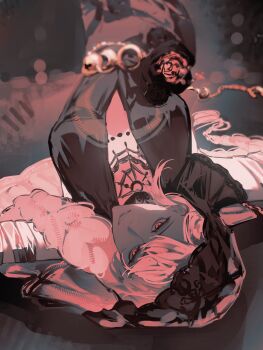 1girl black_dress black_veil commentary dress english_commentary grin highres long_braid lying official_alternate_costume on_back outstretched_arms plunging_neckline red_eyes red_theme reverse:1999 semmelweis_(reverse:1999) semmelweis_(the_wax_and_wane_of_the_heart)_(reverse:1999) sleeveless sleeveless_dress smile solo spread_arms upper_body upside-down veil wilson_(wilson1151487)