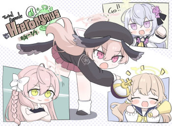 4girls :d ^_^ azusa_(blue_archive) bare_arms bare_shoulders beret black_dress black_hat black_one-piece_swimsuit black_shirt black_shoes black_wings blue_archive blush_stickers bow braid breasts brown_hair cardigan chibi clenched_hands closed_eyes closed_mouth crossed_arms dated dress flower green_eyes hair_between_eyes hair_bow hair_flower hair_ornament halo hanako_(blue_archive) hat head_wings hifumi_(blue_archive) highres holding holding_megaphone jacket koharu_(blue_archive) large_breasts long_hair long_sleeves loose_socks low_twintails low_wings megaphone miranofuudoria multiple_girls notice_lines one-piece_swimsuit open_clothes open_jacket open_mouth pink_flower pink_hair pleated_skirt polka_dot polka_dot_background puffy_long_sleeves puffy_sleeves purple_eyes purple_flower purple_skirt sailor_collar shadow shirt shoes skirt sleeves_past_wrists smile socks spoken_thumbs_up standing standing_on_one_leg swimsuit twintails very_long_hair white_bow white_cardigan white_jacket white_sailor_collar white_socks wings