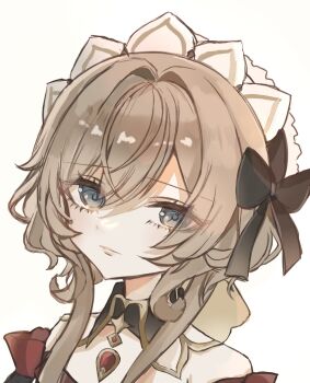 Rule 34 | 1girl, bare shoulders, black collar, black sleeves, blue eyes, bonnet, bow, brown hair, closed mouth, collar, commentary request, detached collar, detached sleeves, dress, genshin impact, hair bow, headdress, highres, nekotaro 719, sandrone (genshin impact), short hair, short hair with long locks, sidelocks, simple background, white background