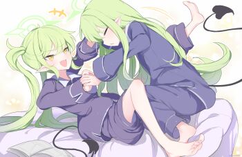 Rule 34 | 2girls, barefoot, bed, blue archive, closed eyes, commentary request, demon tail, fang, green hair, green halo, halo, highres, hikari (blue archive), long hair, long sleeves, multiple girls, nozomi (blue archive), open mouth, pajamas, pointy ears, sakurano rocco, siblings, sisters, skin fang, tail, twins, twintails, white background