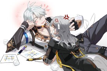 1boy 1girl 625light absurdres anger_vein antenna_hair black_choker black_gloves black_jacket bra_strap cheek_pinching choker closed_eyes closed_mouth commentary crumpled_paper elbow_rest gloves grey_hair grey_pants hair_between_eyes hand_on_another's_head highres honkai:_star_rail honkai_(series) jacket looking_at_another lying on_back on_stomach open_mouth pants paper pen phainon_(honkai:_star_rail) pinching pout short_hair simple_background stelle_(honkai:_star_rail) tic-tac-toe trailblazer_(honkai:_star_rail) white_background white_hair yellow_eyes