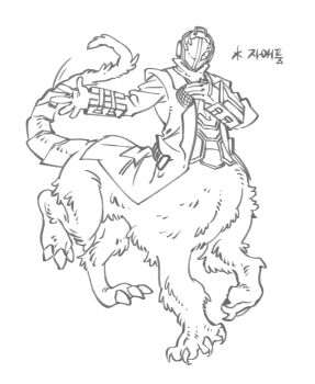 1boy bondrewd centauroid claws coat commentary_request full_body hand_on_own_chest highres izagmanha korean_commentary korean_text made_in_abyss male_focus monster_boy monsterification outstretched_arm simple_background taur translation_request white_background