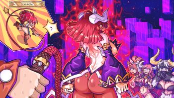 5girls absurdres angry animal_ears animal_hands ass aura bare_shoulders beast_master_(disgaea) black_hair breasts cat_ears cat_girl cleavage cow_ears cow_girl cow_horns demon_girl demon_horns demon_tail demon_wings disgaea evil_eye_(disgaea) gold_horns hand_on_own_face highres horns huge_horns huzuro la_pucelle large_breasts long_hair maou_prier monster_girl multicolored_hair multiple_girls nekomata nekomata_(disgaea) open_mouth pink_hair pointy_ears ponytail prier red_hair revealing_clothes scared succubus_(disgaea) sweat sweatdrop tail weapon whip white_hair wings