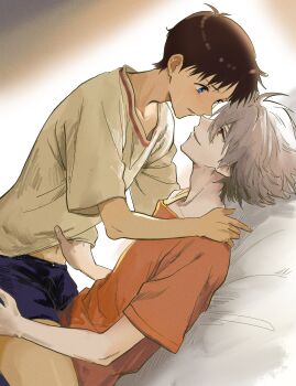 Rule 34 | 2boys, adam's apple, blue eyes, blue shorts, blush, boy on top, brown hair, brown shirt, collarbone, commentary request, eye contact, from side, hair between eyes, highres, ikari shinji, looking at another, male focus, midriff, multiple boys, nagisa kaworu, navel, neon genesis evangelion, orange shirt, shirt, shorts, soraaaa53, thighs