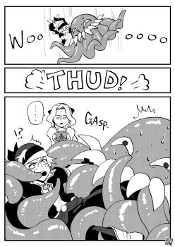 Rule 34 | !?, ..., 1boy, 1girl, 1other, black jacket, black pants, boots, border, breasts, celes chere, commentary, dress, english commentary, english text, final fantasy, final fantasy vi, furrowed brow, greyscale, hair between eyes, hair ribbon, headscarf, highres, jacket, juliet sleeves, locke cole, long hair, long sleeves, medium breasts, monochrome, monster, official alternate costume, open mouth, pants, parted bangs, parted lips, puffy sleeves, restrained, ribbon, sash, shaded face, sharp teeth, shikiwo, short hair, spoken ellipsis, sweat, teeth, tentacles, ultros, waist sash, wavy hair, white background, white boots, white border, white dress, wrist ribbon