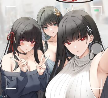 3girls alternate_breast_size_(larger) alternate_costume armpits baizhi_(wuthering_waves) bare_shoulders black_choker black_hair blue_archive blurry blurry_background blush breasts bunny_ears_prank chisa_(wuthering_waves) choker cleavage closed_mouth collarbone color_connection commentary commentary_request crossover double_v english_commentary flower green_eyes hair_color_connection hair_flower hair_ornament hair_ribbon halo highres huge_breasts keenh light_smile looking_at_viewer mixed-language_commentary mole mole_under_eye multiple_girls off-shoulder_shirt off_shoulder partial_commentary red_eyes red_ribbon ribbon ringed_eyes rio_(blue_archive) selfie shirt signature sleeveless sleeveless_shirt turtleneck turtleneck_shirt v white_shirt wuthering_waves