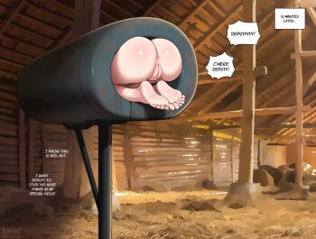 1girl ass barn breeding_mount broom english_text fellatrix female_focus from_behind heterochromia highres loli nude original overalls presenting presenting_anus presenting_pussy pussy red_hair short_hair solo suzie_q suzieq_(fellatrix)