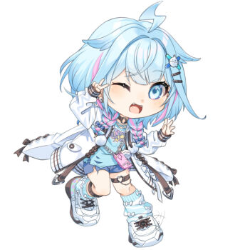 1girl ;d ahoge blue_eyes blue_hair blue_shirt blue_shorts braid cellphone chain chibi commentary_request fangs full_body hair_flaps hair_intakes hair_ornament hair_over_shoulder hairclip hands_up hololive hololive_dev_is jacket long_sleeves looking_at_viewer loose_socks low_twintails miri_(ago550421) mizumiya_su multicolored_hair one_eye_closed open_clothes open_jacket open_mouth phone pink_hair puffy_long_sleeves puffy_sleeves shirt shoes shorts simple_background sleeves_past_wrists smile socks solo standing standing_on_one_leg streaked_hair striped_clothes striped_socks torn_clothes torn_shirt torn_shorts twin_braids twintails v virtual_youtuber white_background white_jacket white_shoes