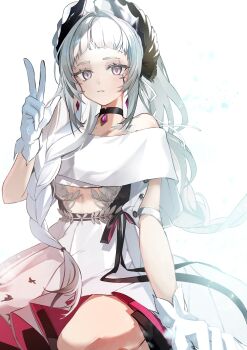 1girl absurdres arched_bangs arknights arm_up bare_shoulders black_choker black_ribbon bloom braid choker closed_mouth commentary expressionless gloves grey_eyes hair_intakes highres irene_(arknights) koda24 light_particles long_hair looking_at_viewer off_shoulder ribbon scar scar_across_eye scar_on_face simple_background sitting skirt solo w white_background white_gloves white_hair white_skirt