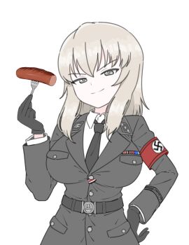 1girl armband black_cat03 black_coat black_gloves black_necktie breasts closed_mouth coat collared_shirt food fork girls_und_panzer gloves grey_eyes grey_hair highres holding holding_fork itsumi_erika large_breasts looking_at_viewer military_dress_uniform military_uniform nazi necktie red_armband sausage shirt simple_background smile solo ss_insignia ss_uniform swastika waffen-ss white_background white_shirt