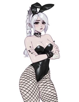 1girl alternate_costume animal_ears arms_under_breasts artist_name baldur&#039;s_gate baldur&#039;s_gate_3 bare_shoulders black_leotard black_nails blush blushyspicy breasts choker cleavage collarbone cowboy_shot crossed_arms detached_collar dungeons_&amp;_dragons dungeons_&amp;_dragons ear_piercing elf fake_animal_ears fishnet_pantyhose fishnets green_eyes hair_ornament high_ponytail highres jewelry large_breasts leotard long_hair looking_at_viewer multi-tied_hair nail_polish necklace o-ring o-ring_choker pantyhose piercing playboy_bunny pointy_ears ponytail rabbit_ears scar scar_on_face shadowheart_(baldur&#039;s_gate) simple_background solo spiked_choker spikes strapless strapless_leotard white_background white_hair wrist_cuffs