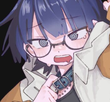 1girl black-framed_eyewear black_background black_shirt blue_collar blue_hair blunt_bangs blush brown_eyes collar collar_tug drooling glasses highres jacket mouth_drool nanoni! open_mouth original portrait shirt short_hair simple_background solo sweatdrop yellow_jacket
