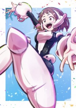1girl :d blush blush_stickers bodysuit boku_no_hero_academia border breasts brown_eyes brown_hair eyelashes foreshortening full_body h_knight_37 headgear highres open_mouth petals short_hair smile solo superhero_costume teeth upper_teeth_only uraraka_ochako uraraka_ochako_(hero_outfit) white_border