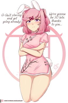 1girl animal_ears blush breasts china_dress chinese_clothes closed_mouth crossed_arms doki_doki_literature_club dress english_text hair_ornament hair_ribbon hairclip highres looking_at_viewer natsuki_(doki_doki_literature_club) pink_dress pink_hair purple_eyes qipao_dress rabbit_ears rabbit_tail raion_(raionart) red_ribbon ribbon standing thighs upper_body white_rabbit_ears