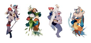 2boys 2girls absurdres barefoot boots commentary_request cranidos crasher_wake floatzel gardenia_(pokemon) gen_1_pokemon gen_4_pokemon gloves gym_leader hand_on_headwear helmet highres holding machoke maylene_(pokemon) multicolored_hair multiple_boys multiple_girls navel nintendo orange_hair pants pink_hair pokemon pokemon_(creature) pokemon_dppt roark_(pokemon) roserade short_sleeves shovel soles spread_fingers toes topless_male two-tone_hair wristband zero_(jckz2334)