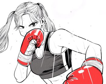 Rule 34 | 1girl, armpit peek, boxing, boxing gloves, breasts, cleavage, commentary request, fighting stance, gloves, greyscale, highres, lee (dragon garou), light blush, light rays, linea alba, medium breasts, midriff, monochrome, original, red gloves, solo, sports bra, spot color, sweat, twintails, upper body