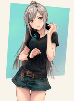 1girl aqua_background belt black_scrunchie black_shirt blue_eyes breasts brown_belt collarbone commentary cowboy_shot d4dj denim denim_skirt green_skirt grey_hair headphones headphones_around_neck high_ponytail highres long_hair medium_breasts miniskirt niijima_ibuki parted_bangs ponytail scrunchie shirt short_sleeves sidelocks skirt solo two-tone_background very_long_hair white_background wrist_scrunchie yukitake_(bullfalk)