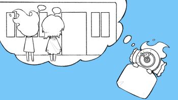 1girl 1other blanket blue_background chibi chibi_only clock coat coat_on_shoulders commentary dante_(limbus_company) dated_commentary dreaming faust_(project_moon) fire flaming_head greyscale_with_colored_background hands_up highres ivy_(675671) limbus_company mephistopheles_(project_moon) object_head pillow project_moon short_hair simple_background speech_bubble symbol-only_commentary thought_bubble