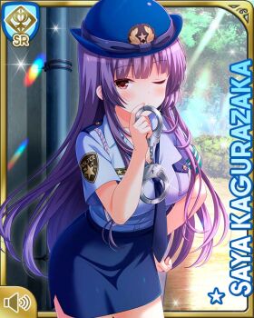 1girl bare_legs blue_hair blue_headwear blue_necktie blue_shirt blue_skirt brown_eyes card_(medium) character_name closed_mouth cuffs day girlfriend_(kari) gloves handcuffs hat indoors kagurazaka_saya long_hair necktie official_art one_eye_closed police police_uniform policewoman qp:flapper shirt skirt smile standing tagme