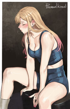 1girl absurdres bikini black_bikini blonde_hair blush breasts cleavage closed_eyes ear_piercing earrings fake_nails gyaru highres jewelry kirani kitagawa_marin large_breasts long_hair multicolored_hair open_mouth piercing pink_nails signature simple_background sitting solo sono_bisque_doll_wa_koi_wo_suru sweat swimsuit workout_clothes