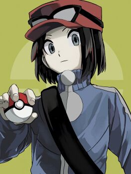 Rule 34 | 1boy, black-framed eyewear, black hair, calem (pokemon), closed mouth, commentary request, eyewear on headwear, green background, grey eyes, hand up, hat, highres, holding, holding poke ball, jacket, jiong (mwmy3532), looking at viewer, male focus, nintendo, poke ball, poke ball (basic), pokemon, pokemon xy, red hat, short hair, solo, strap, sunglasses, turtleneck, turtleneck jacket, upper body