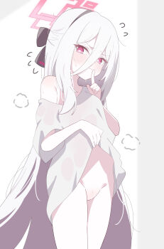 Rule 34 | 1girl, absurdres, black hairband, blue archive, blush, clothes lift, double-parted bangs, finger to mouth, flying sweatdrops, hair between eyes, hairband, halo, highres, kanimiso30601, kei (blue archive), kei (new body) (blue archive), lifting own clothes, long hair, long hair between eyes, looking at viewer, no pussy, pink eyes, pink halo, rectangular halo, ringed eyes, shirt, solo, very long hair, white background, white hair