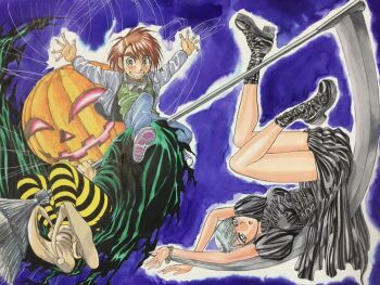 1boy 1girl black_dress breasts dress fujita_kazuhiro full_body highres holding holding_scythe jack-o'-lantern karakuri_circus looking_at_viewer official_art pantyhose puppet_strings saiga_masaru scythe shirogane_(karakuri_circus) short_hair smile striped_clothes striped_pantyhose