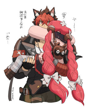 1boy 1girl animal_ear_fluff animal_ears armband backpack bag bandaid bandaid_on_head belt black_gloves black_hair boots brown_boots cardigan cargo_pants carrying dog_boy dog_ears ear_piercing fingerless_gloves gloves green_pants hair_between_eyes hair_ornament hair_ribbon hearing_aid highres hug komano_manato long_hair looking_at_another multicolored_hair multiple_hair_ribbons multiple_scars muscular muscular_male pants piercing pink_cardigan popochi_fuwa princess_carry red_armband red_bandage red_eyes red_hair ribbon scar scar_on_chest short_hair single_fingerless_glove sphere_hair_ornament spiked_jacket twintails twitter_username ukinami_yuzuha white_background zenless_zone_zero