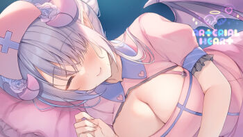 Rule 34 | 1girl, ^ ^, aotsu karin, blush, breasts, cleavage, cleavage cutout, closed eyes, closed mouth, clothing cutout, demon girl, demon horns, demon wings, dress, facing viewer, flower, frilled pillow, frills, grey hair, grey wings, hair flower, hair ornament, hair over one eye, hat, heart cutout, horns, indie virtual youtuber, large breasts, lying, nurse, nurse cap, on side, pillow, pink dress, pink hat, pointy ears, rose, solo, touama yue, upper body, virtual youtuber, white flower, white rose, wings